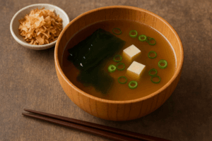 Plato madera con sopa de algas dashi